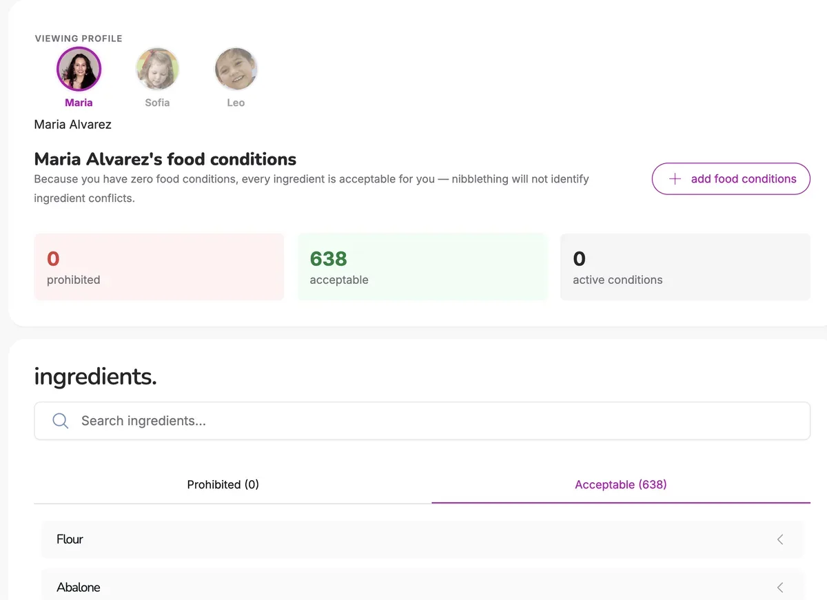 A family member profile showing food conditions with prohibited and acceptable ingredient counts