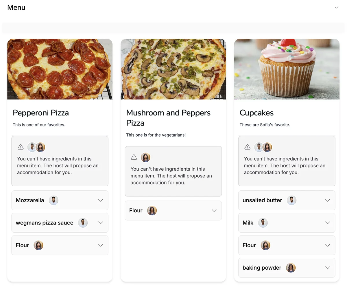 A guest view of the event menu with alerts on dishes that contain their allergens