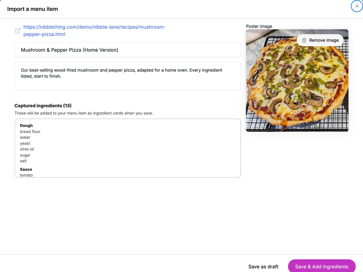 Importing a dish from a recipe web page, with its ingredients captured automatically